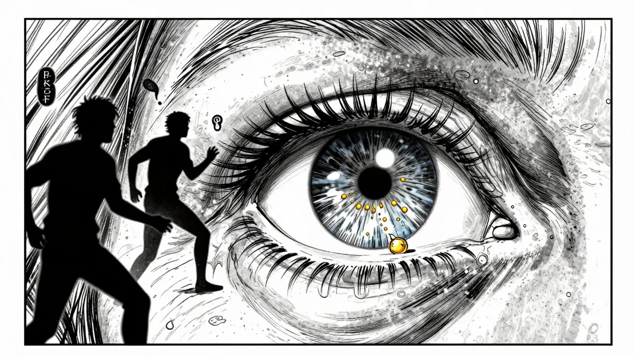 An elderly woman’s eye with a dissolving pellet releasing golden particles to reduce retinal swelling, in dark ink-wash manga style.