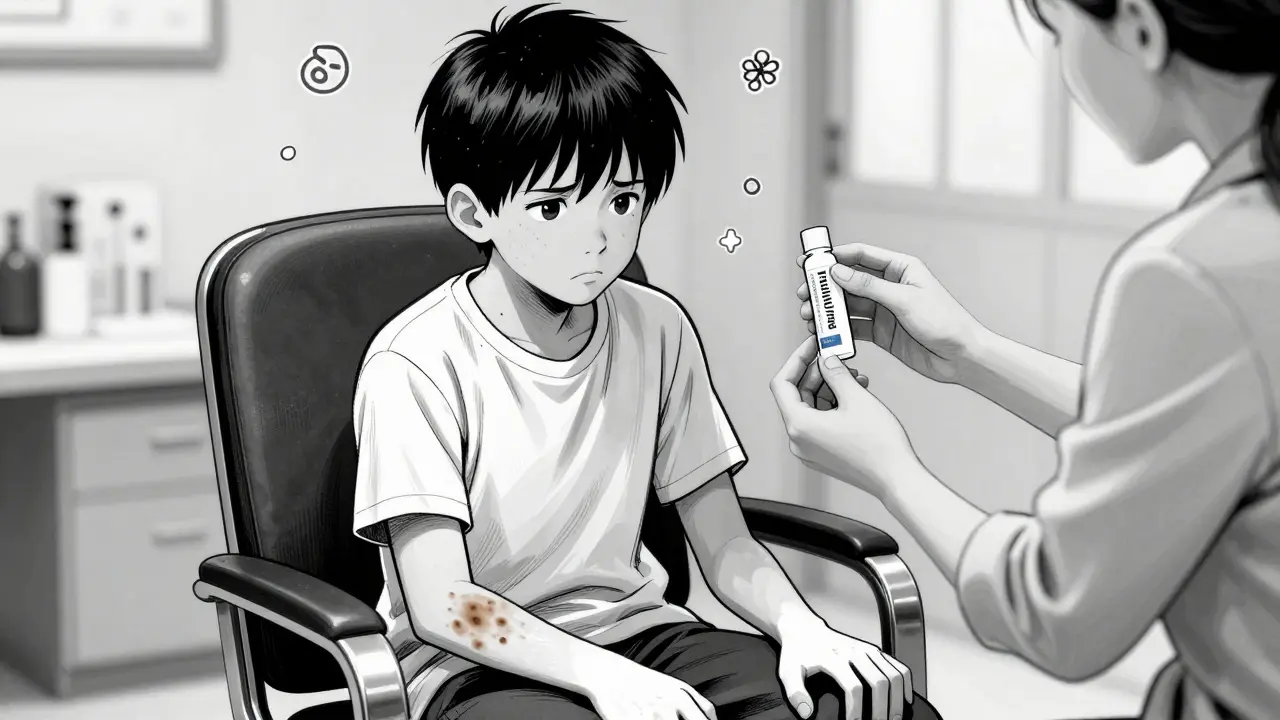 Boy with partial repigmentation on hands during UV treatment, mother holding cream