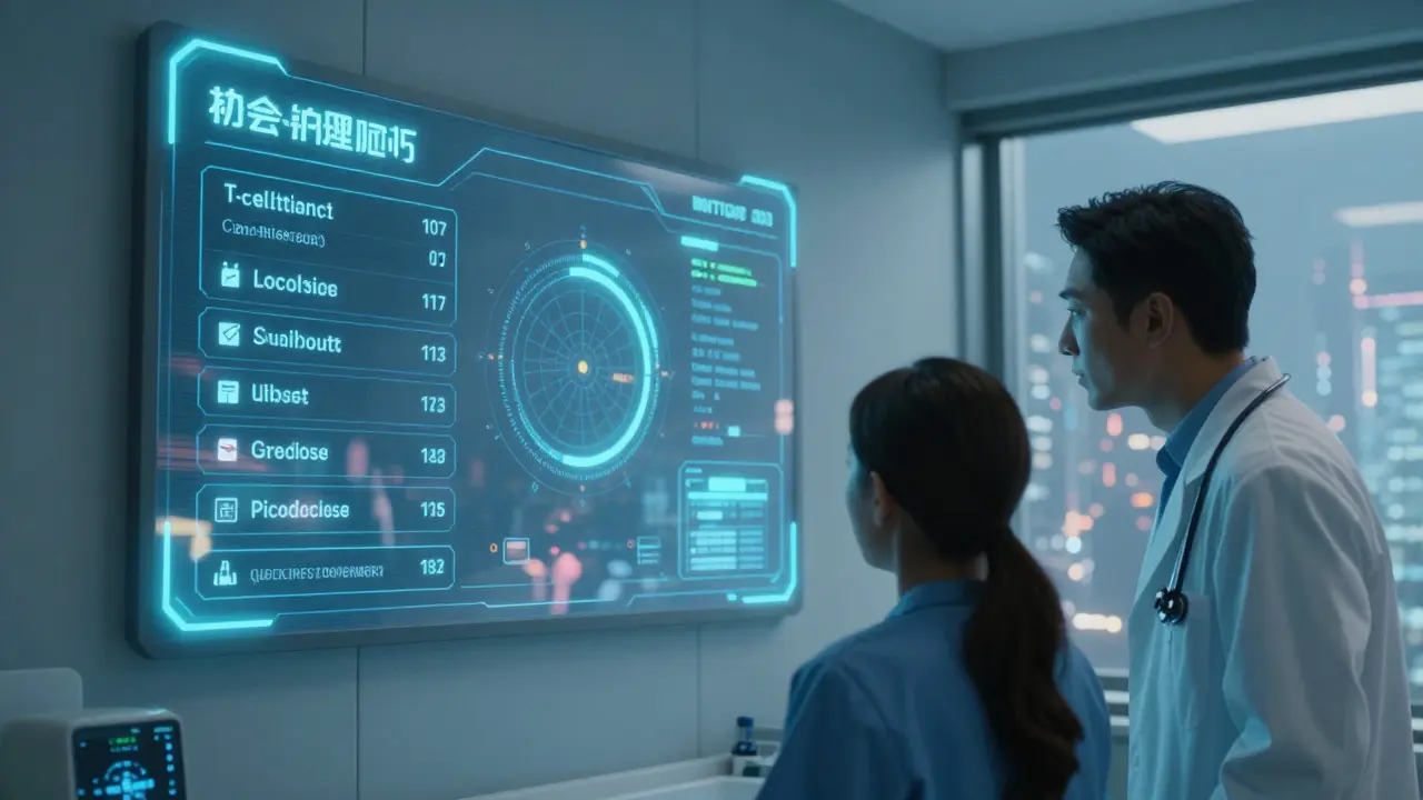 Doctor and patient viewing digital vaccine timing calculator with live immune biomarkers on screen.