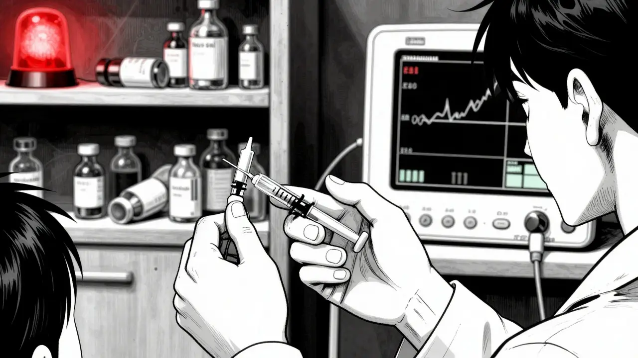 Doctor injecting colistin as resistance warning flashes, abandoned antibiotic vials in background.