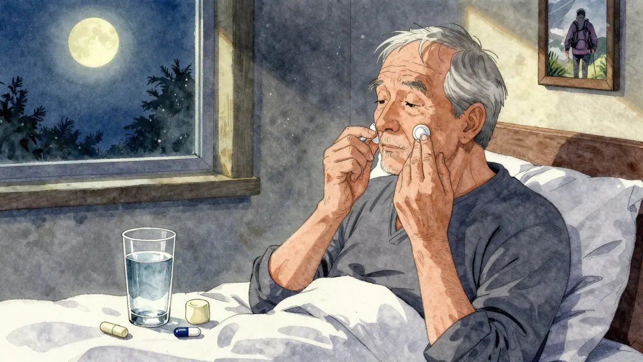 Elderly man placing antifungal tablet on cheek, xylitol gum and probiotics beside him at night
