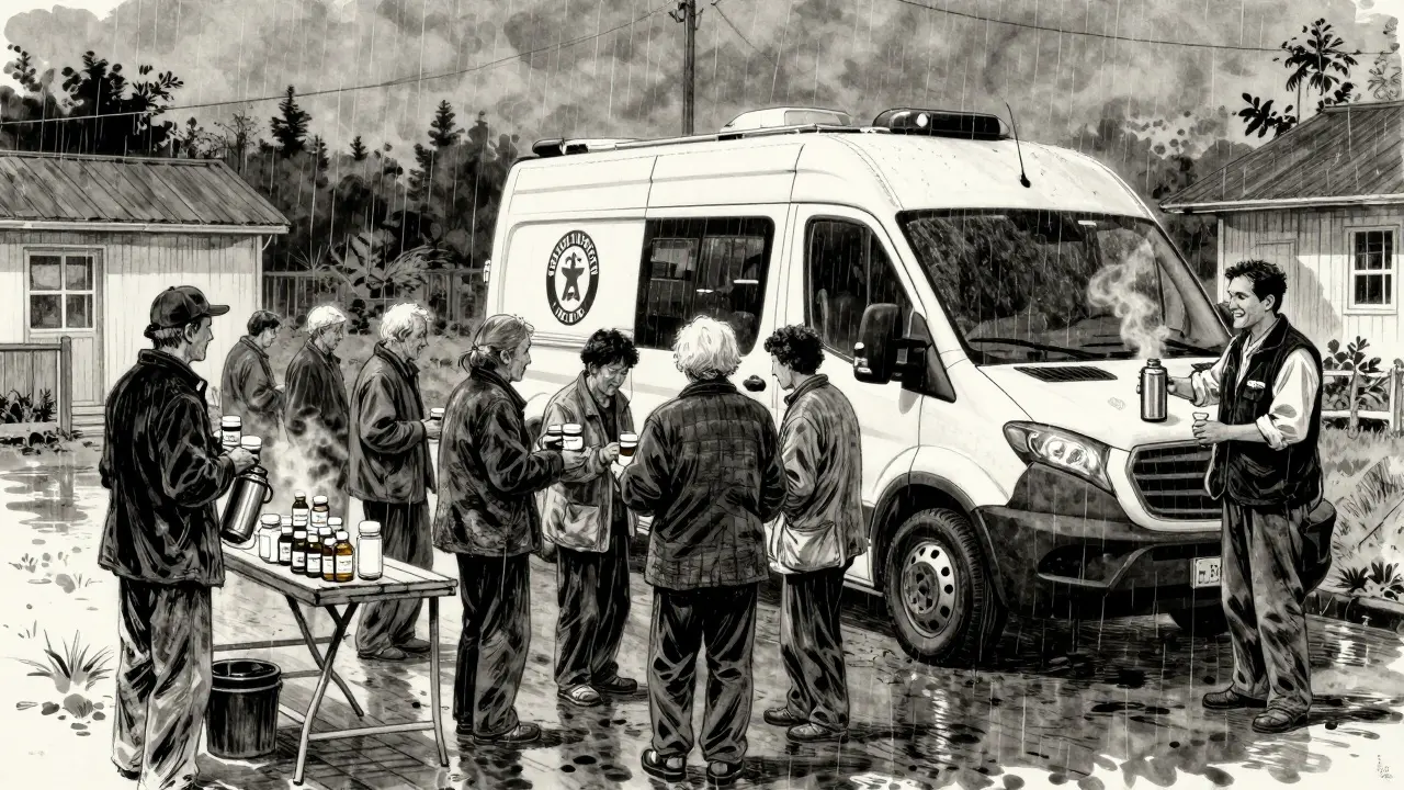 Elderly residents line up for a mobile drug collection van in a rural town.