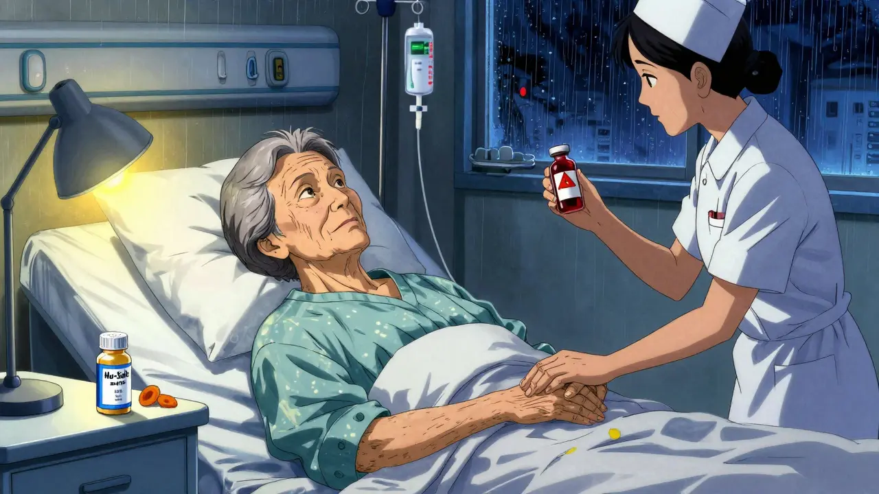 Elderly woman in hospital with heart monitor and potassium-rich foods on bedside table
