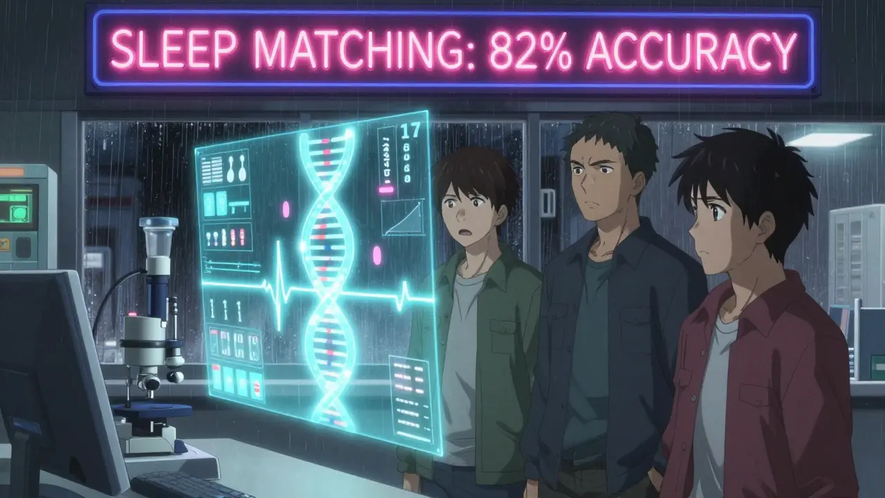 Futuristic genetic lab with glowing DNA hologram forecasting sleep outcomes for antidepressants, three people observing.