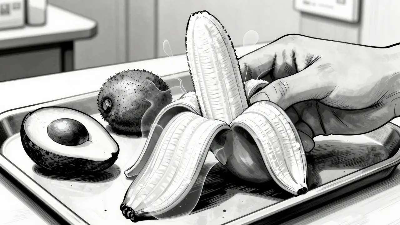 Hand holding a banana with invisible latex proteins visible as ghostly shapes, cross-reactive fruits nearby.