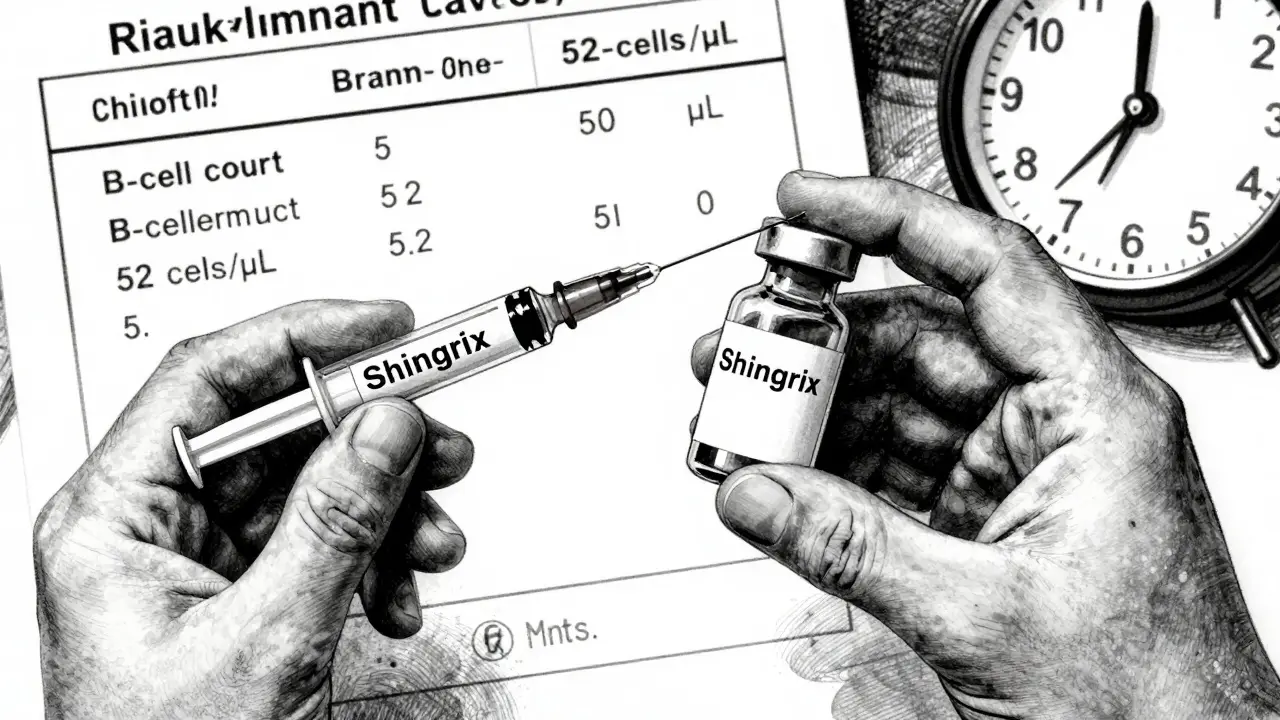 Hand holding Shingrix syringe next to rituximab bottle with B-cell count visible in background.
