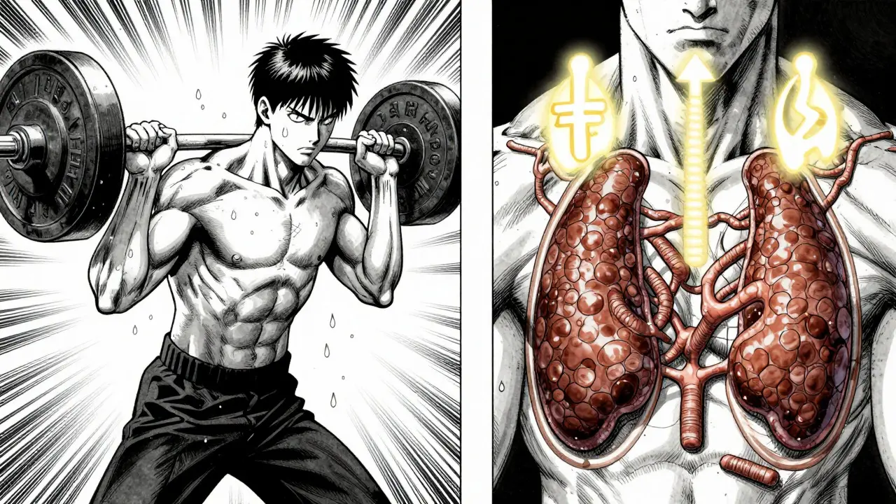 Internal biological systems fading as a person lifts weights, showing metabolic adaptation.