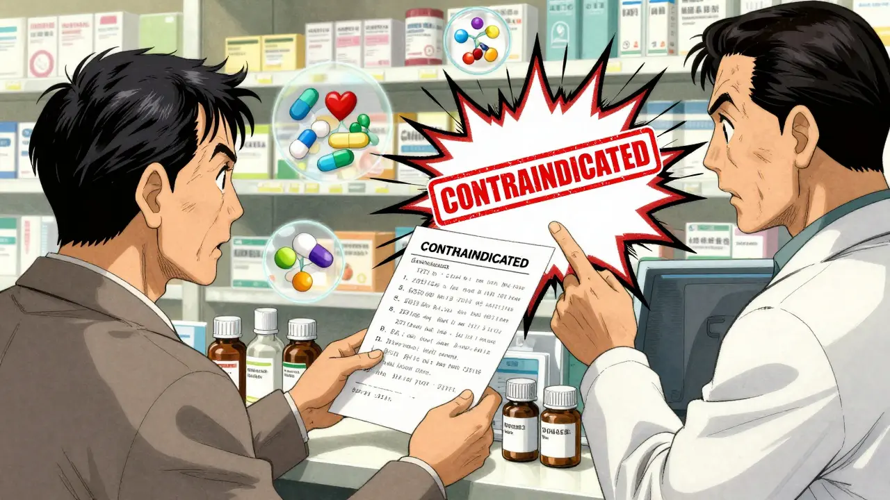 Man giving pharmacist a list of medications while pharmacist points to a red interaction warning.