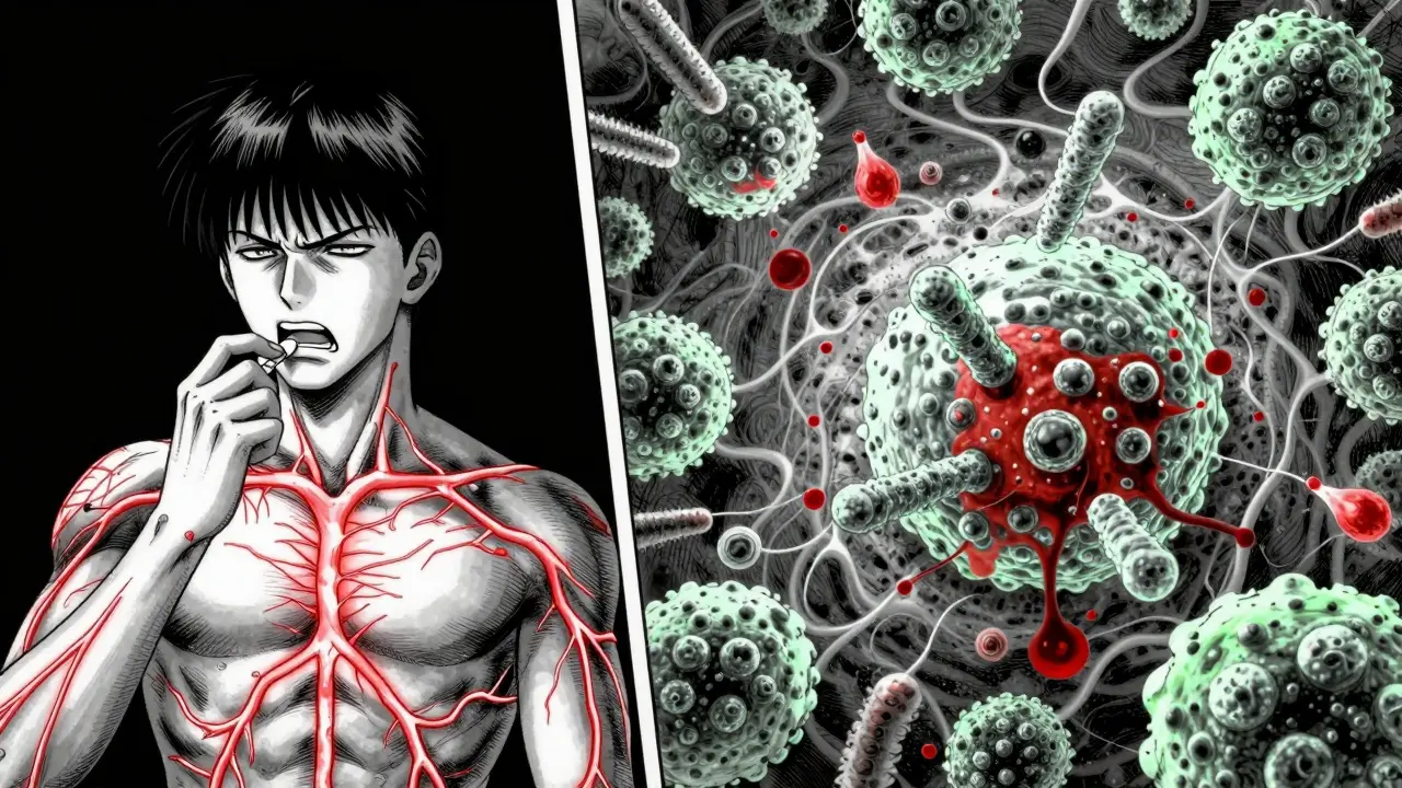 Man swallowing fluconazole pill with glowing red veins, microscopic Candida cells being destroyed