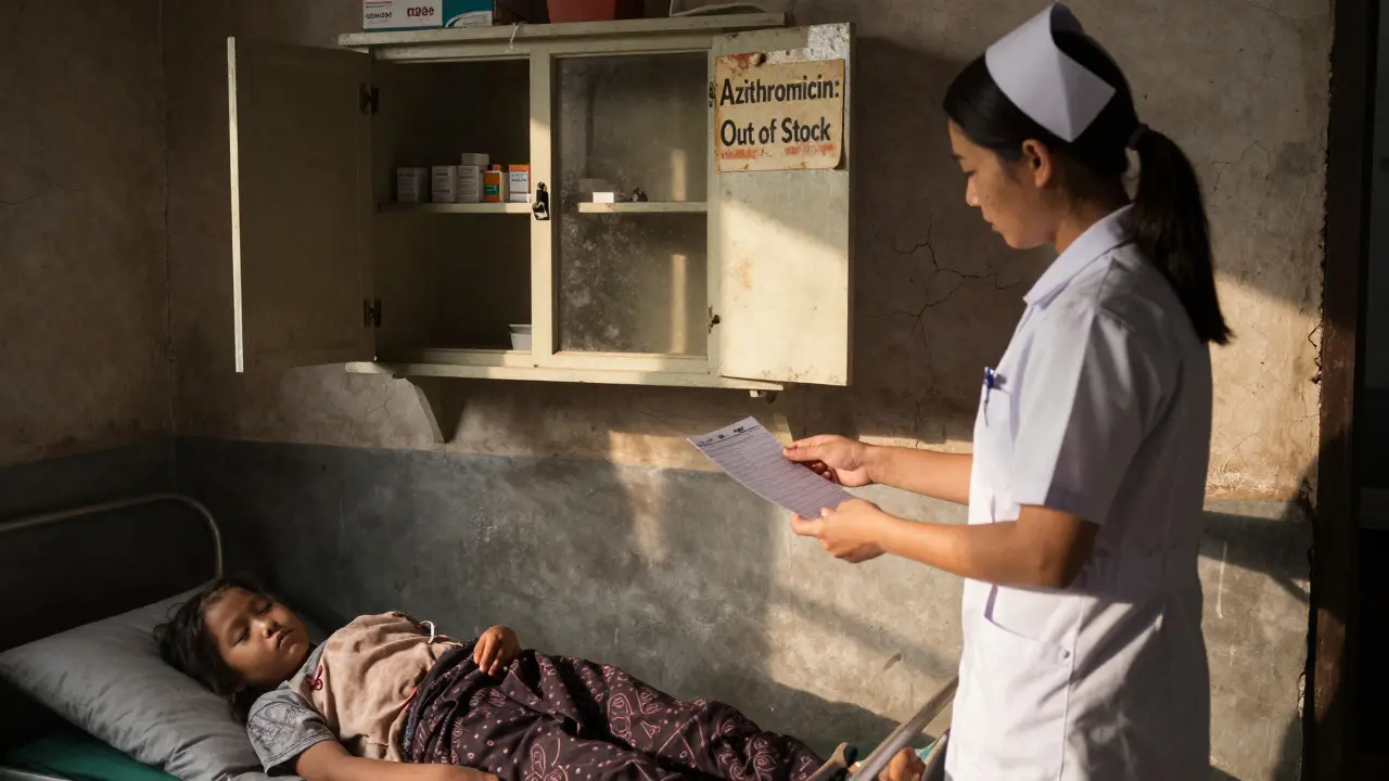 Nurse giving blank prescription to mother in rural clinic, empty medicine cabinet behind them.