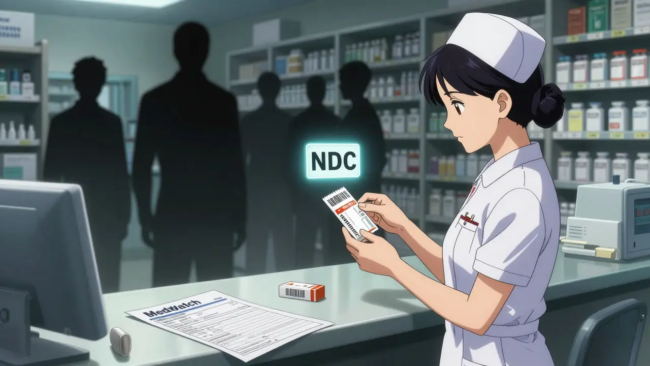 Nurse scanning generic medication barcode with NDC code floating nearby in a cluttered pharmacy.