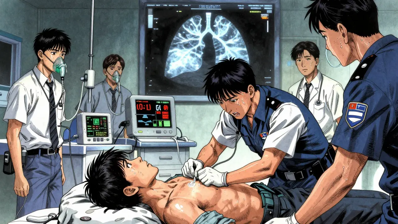 Paramedic performing emergency needle decompression for tension pneumothorax in ER.