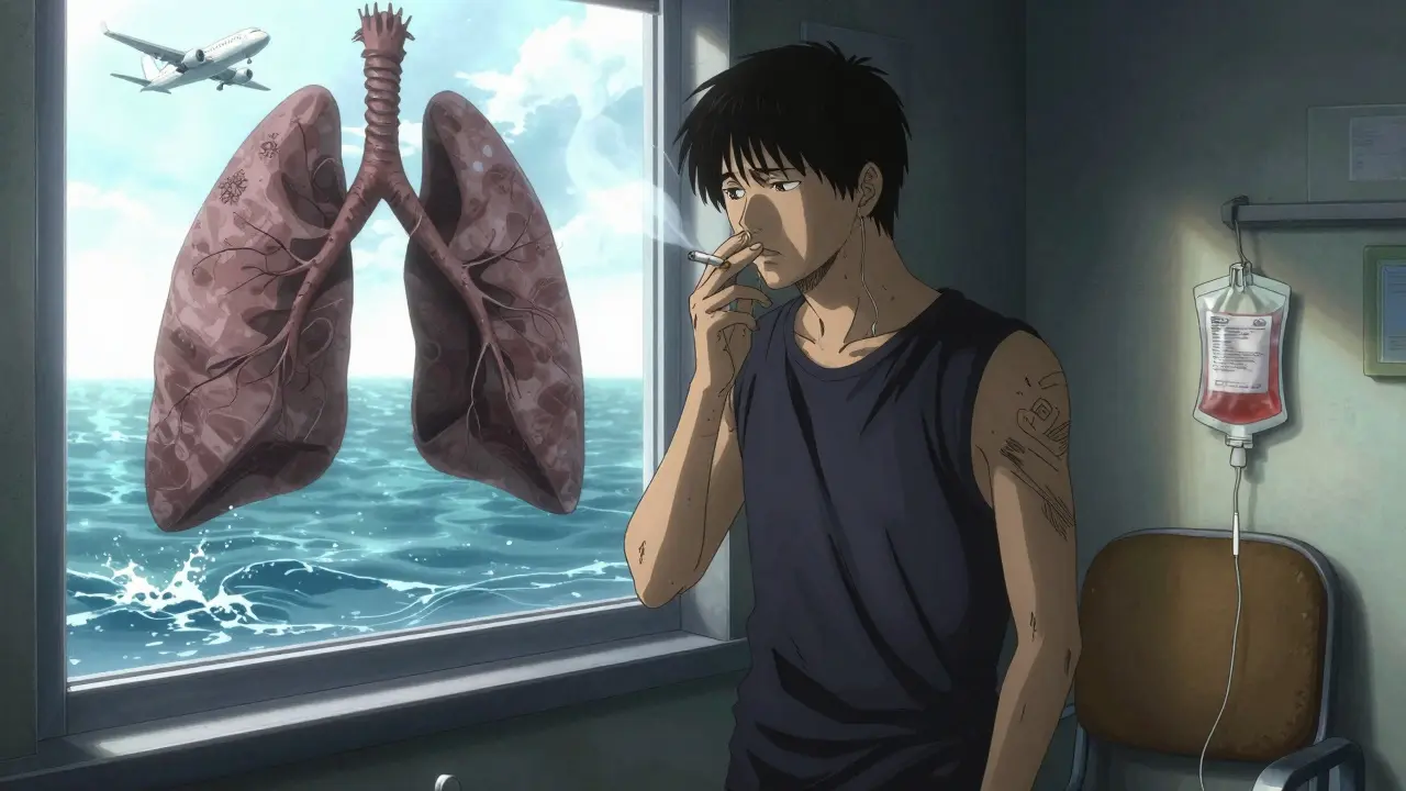 Patient hesitating to smoke, ghostly collapsed lung reflected beside him in window.