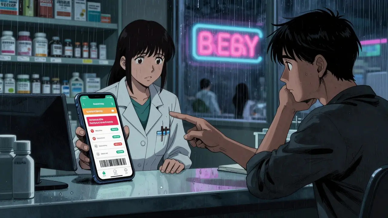 Pharmacist showing a smartphone app that detects dangerous drug combinations, patient looking shocked.