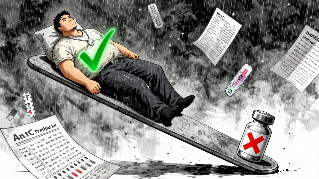 Scale tipping between obese patient with apixaban (green) and warfarin (red), surrounded by medical guidelines and trial logo in rainy clinic setting.