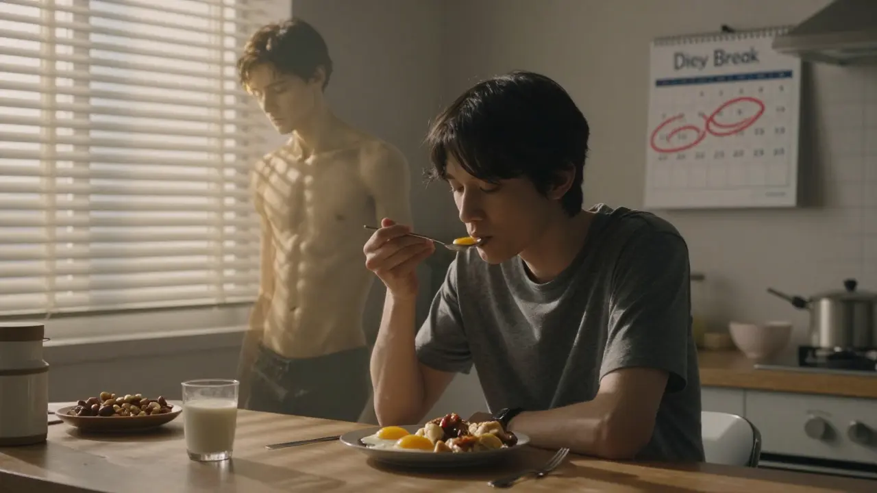 Someone eating protein calmly during a diet break, sunlight suggesting renewal.