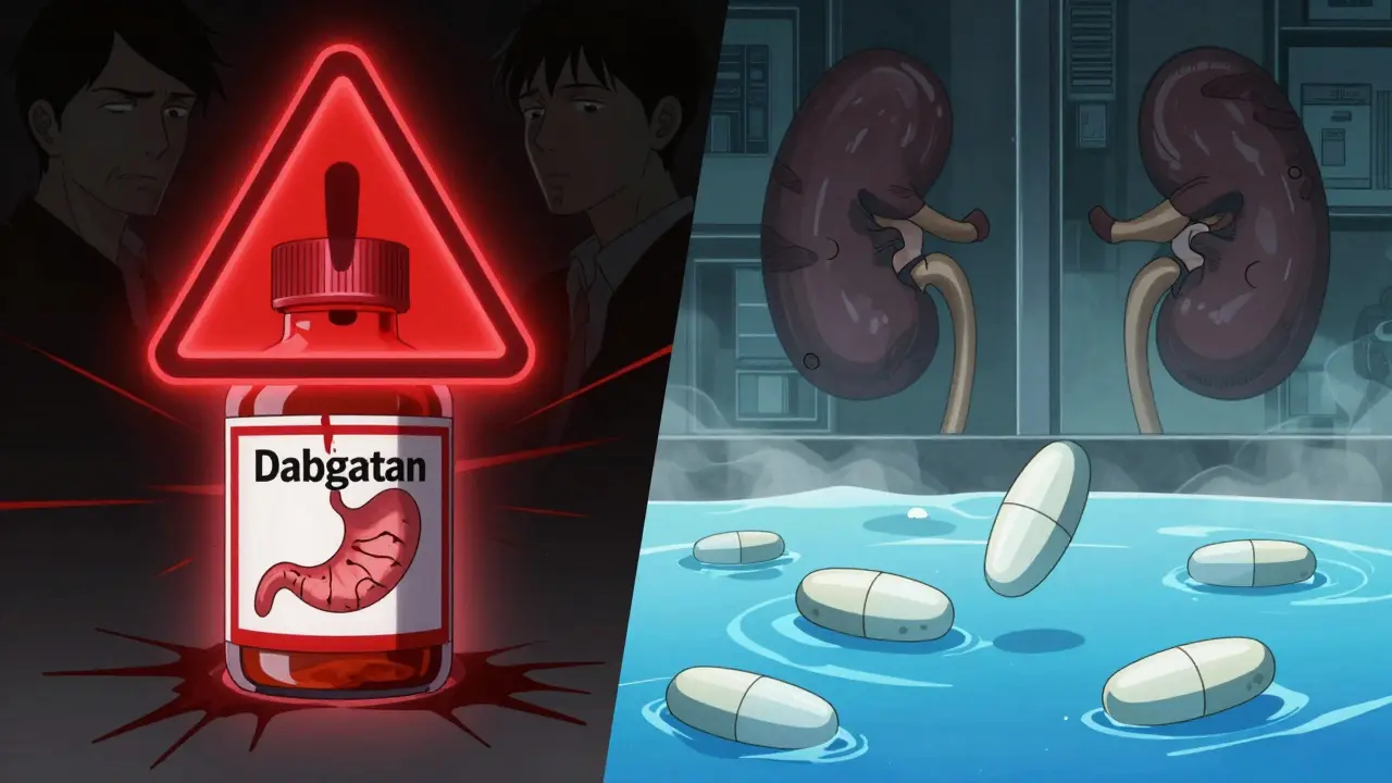 Split image: dabigatran with bleeding warning on one side, apixaban and rivaroxaban safe on the other, symbolic fat and kidney cells in background.