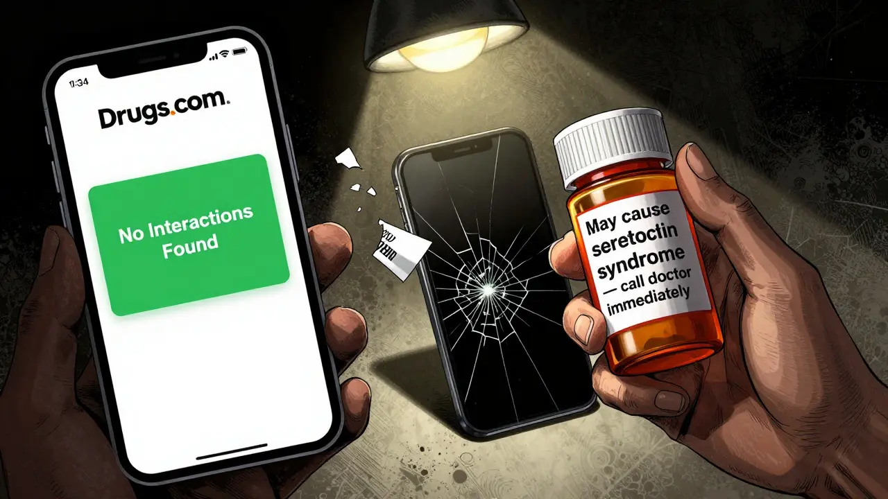 Split image: phone shows no interactions, but prescription label screams danger with red warning.