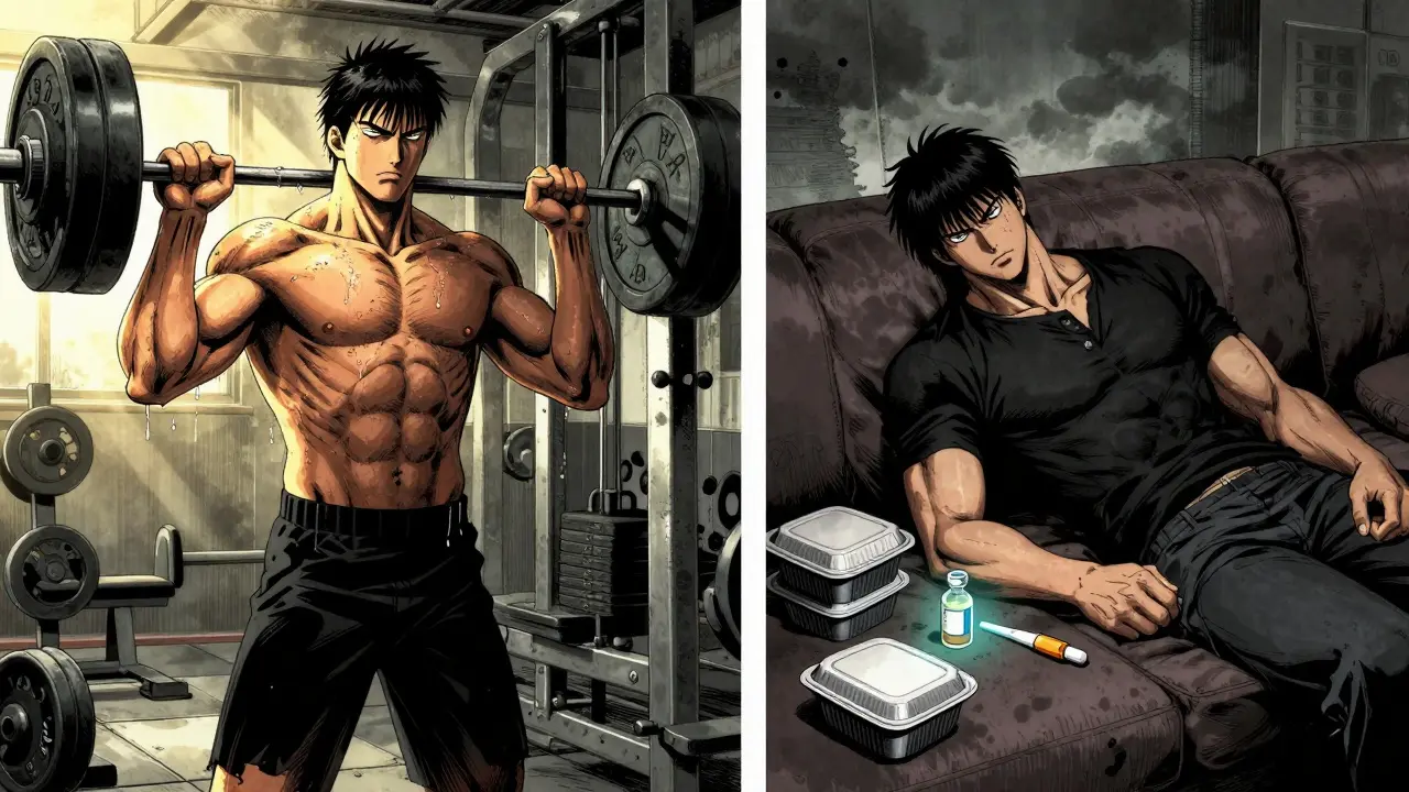 Split scene: a man lifting weights vs. slumped on a couch, with medical treatments glowing between them in contrasting lighting.