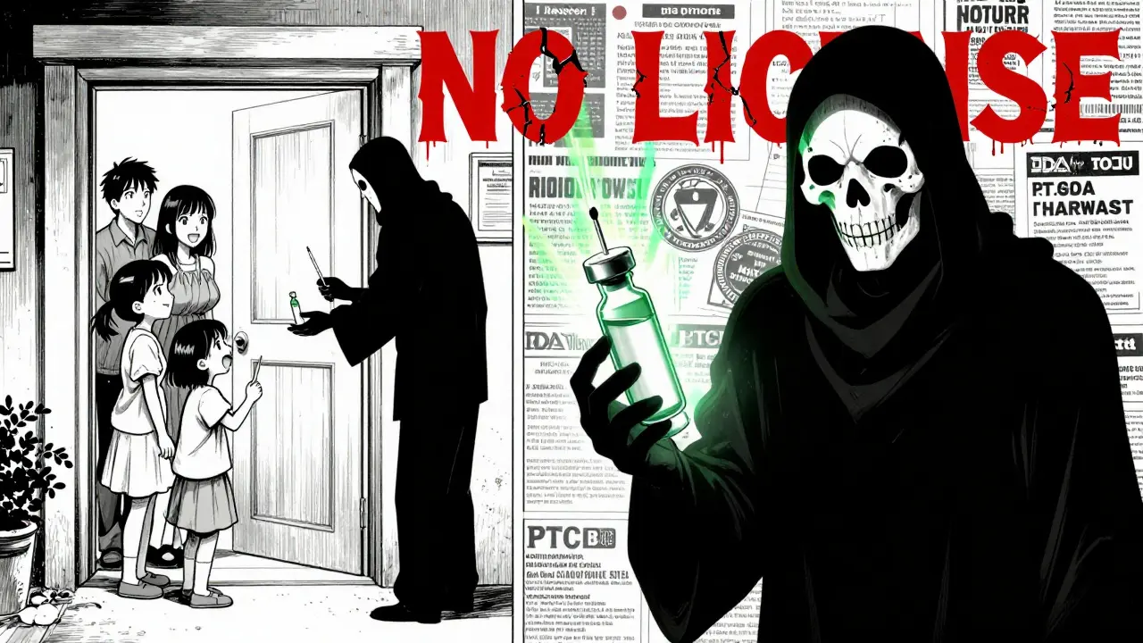 Split scene: happy delivery vs. hidden truth of fake insulin, with 'NO LICENSE' in blood-red text.