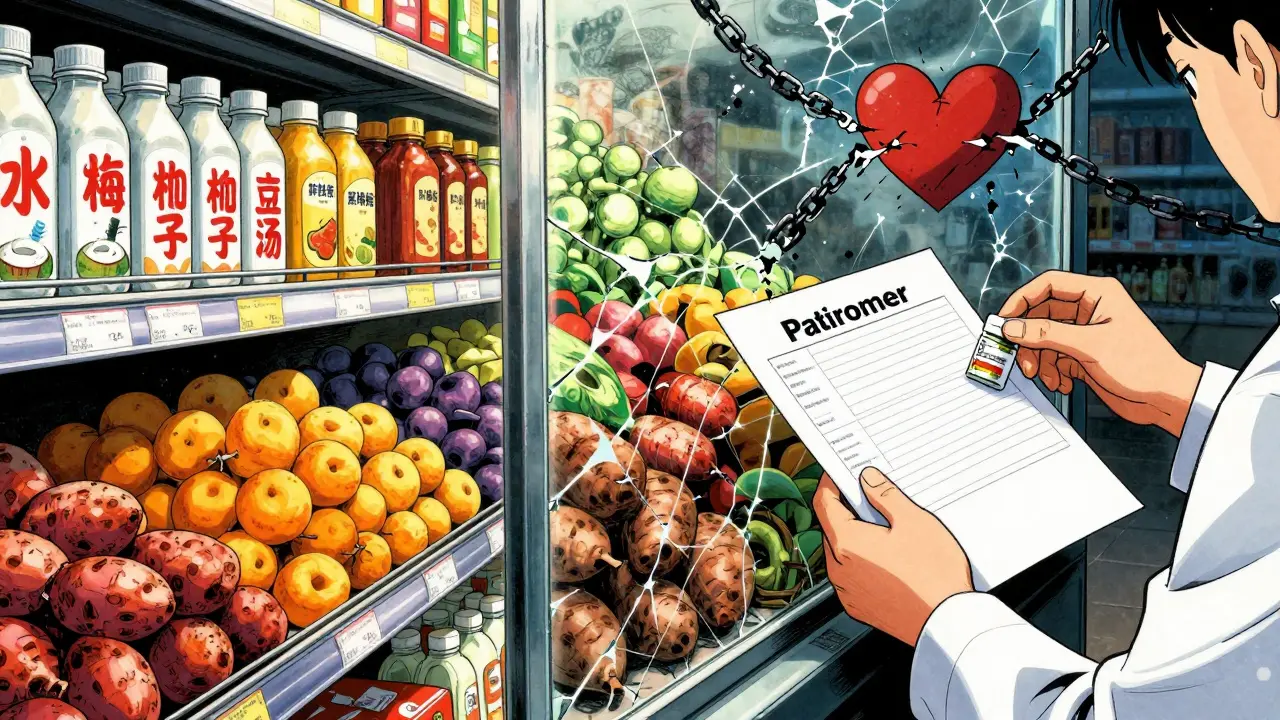 Split scene of grocery items in bright light versus locked case with potassium binder pill