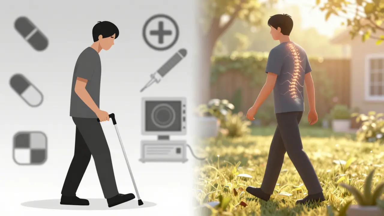 Split scene: one side shows pain and struggle, the other shows freedom and movement with subtle neural waves.