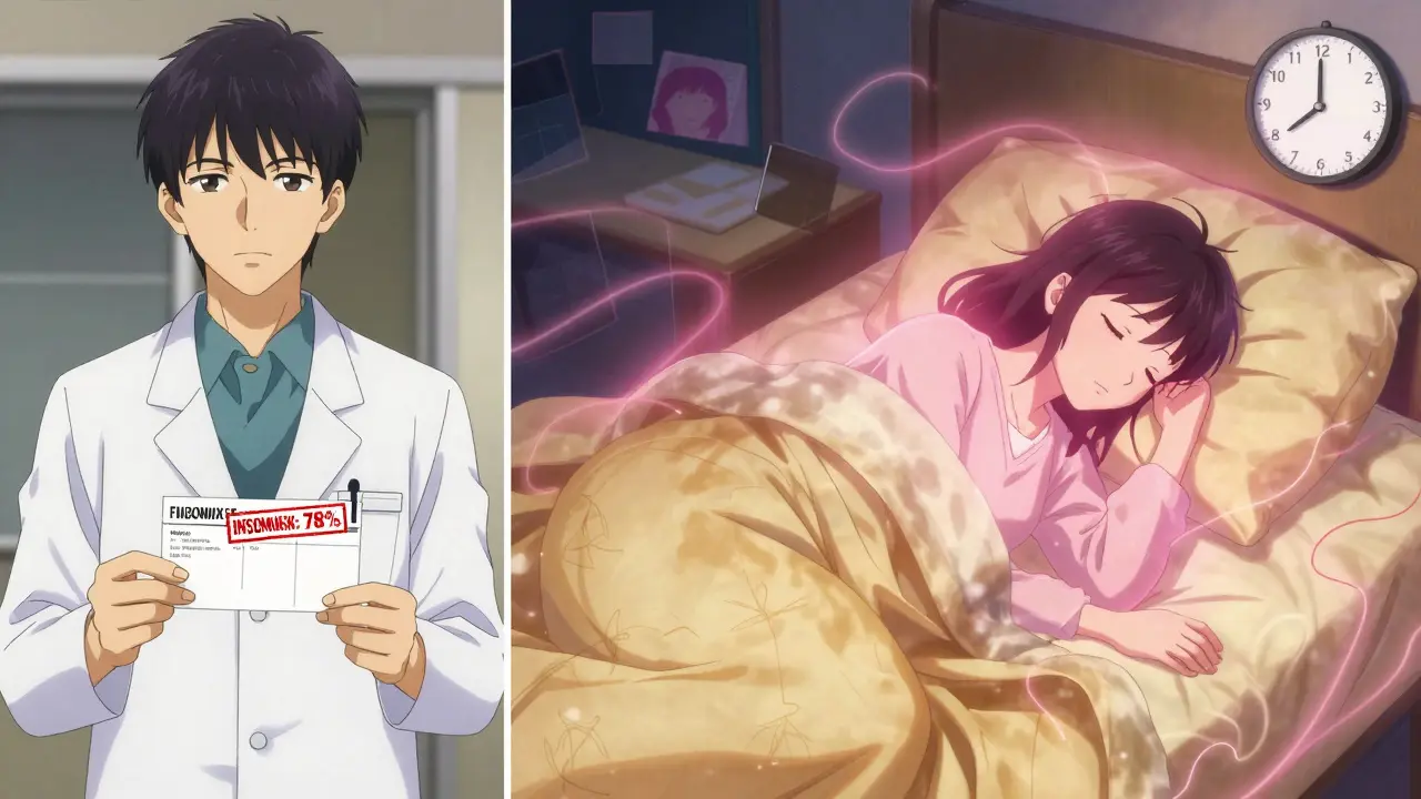 Split scene: patient on fluoxetine looking distressed vs. same person resting peacefully under warm blankets with mirtazapine.