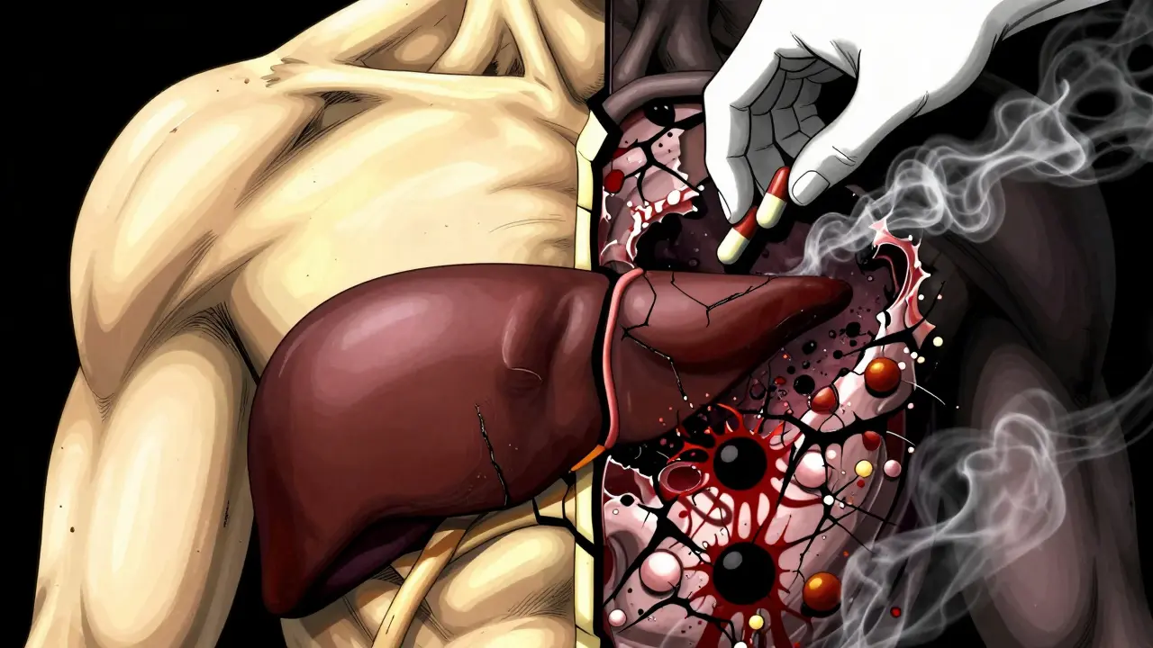 Split torso showing healthy liver on one side and damaged liver with toxic inkblots on the other.