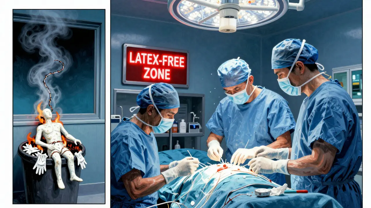 Surgery in a latex-free room with glowing sign, discarded gloves burning outside, gritty anime realism.