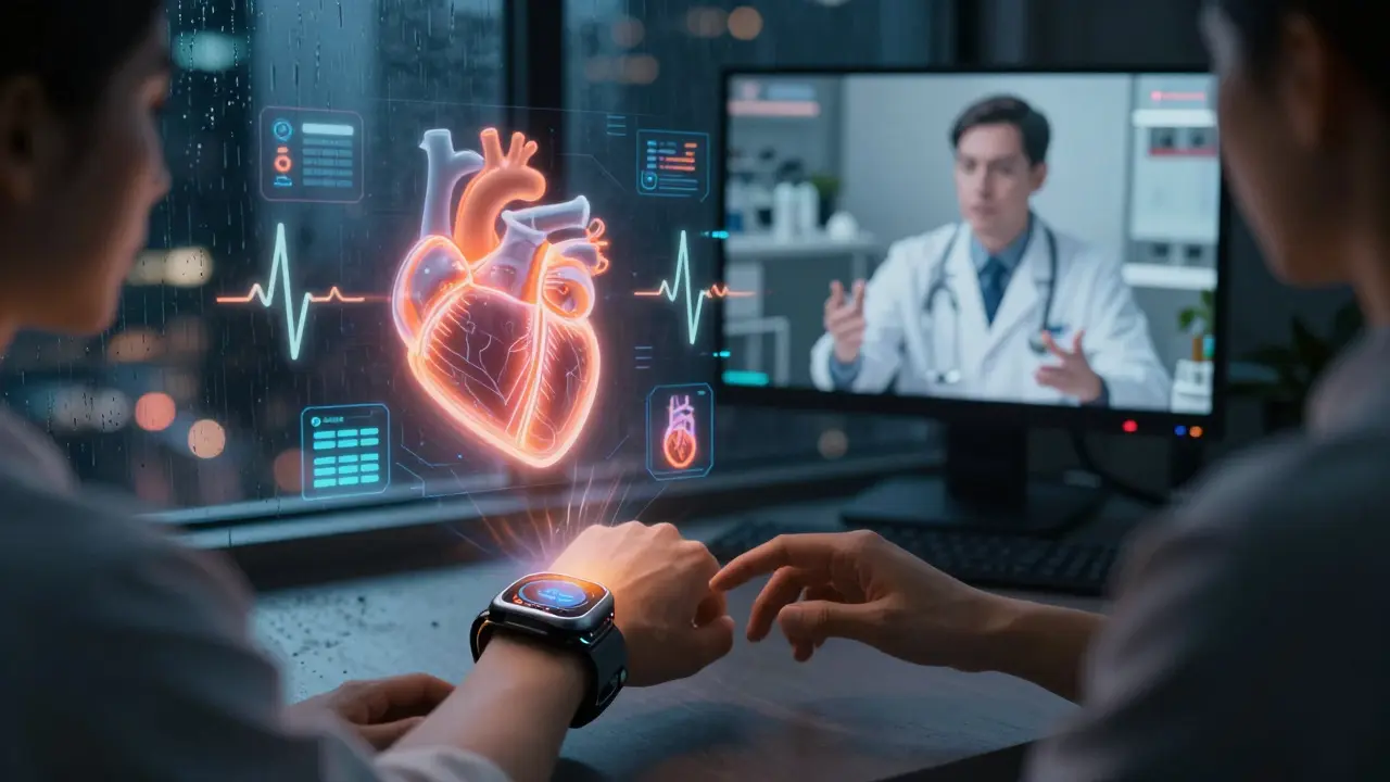 Wearable device alerts user to a flare with holographic health data, doctor visible on screen in cyberpunk anime style.
