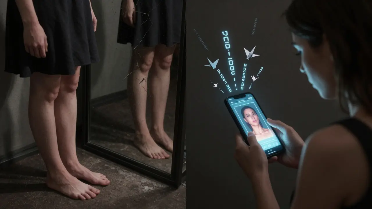 Woman staring at unchanged feet while AI device scans skin with genetic data floating