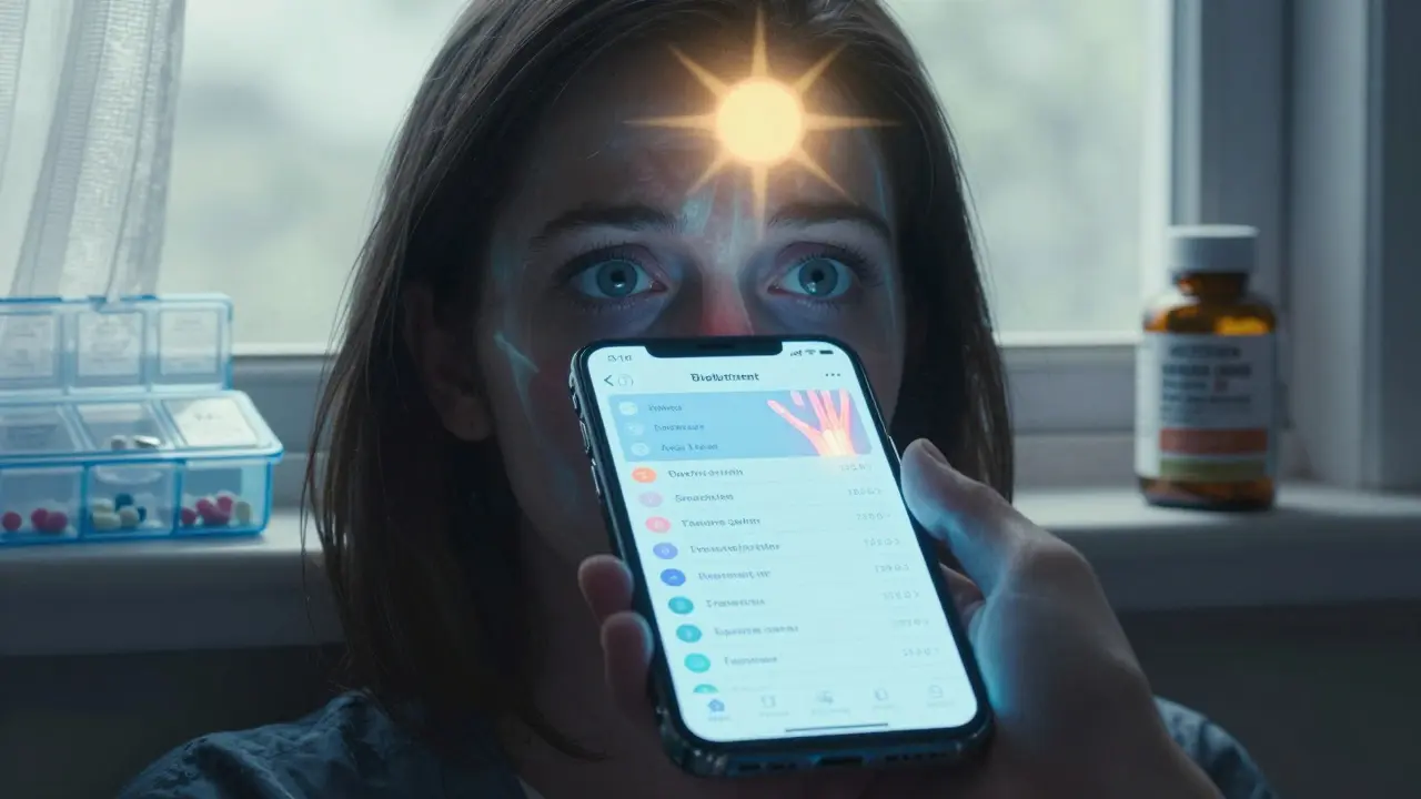 Woman watching a symptom tracker app on her phone, with ghostly images of fatigue and sun above her, in Gekiga style.