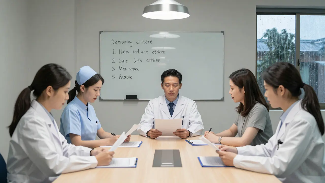 A diverse ethics committee reviews rationing criteria under a single lamp in a modest conference room.