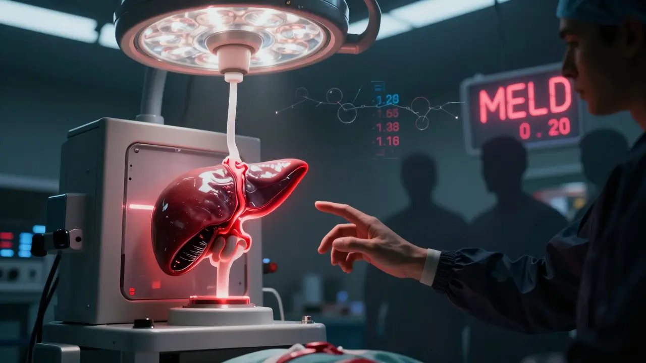 A donor liver being preserved in a machine, with silhouetted waiting figures and flickering MELD scores in Gekiga style.