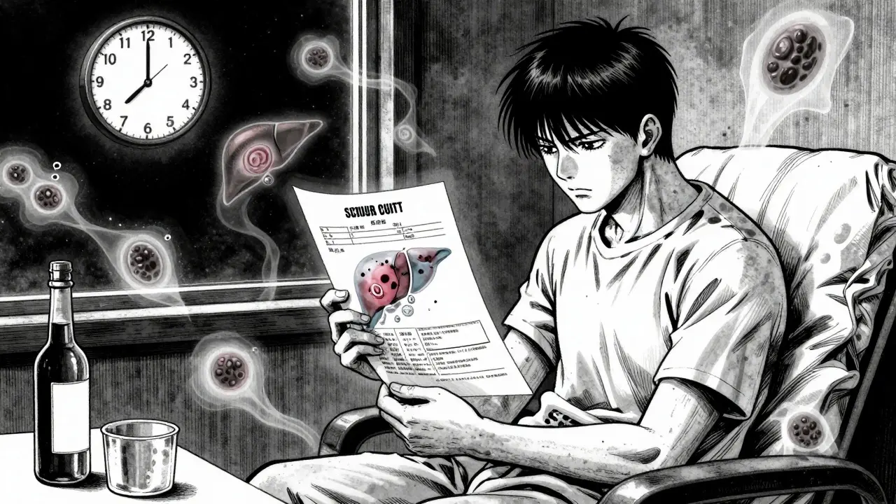 A patient in a clinic surrounded by ghostly symbols of liver damage, holding a blood test, rendered in high-contrast ink.