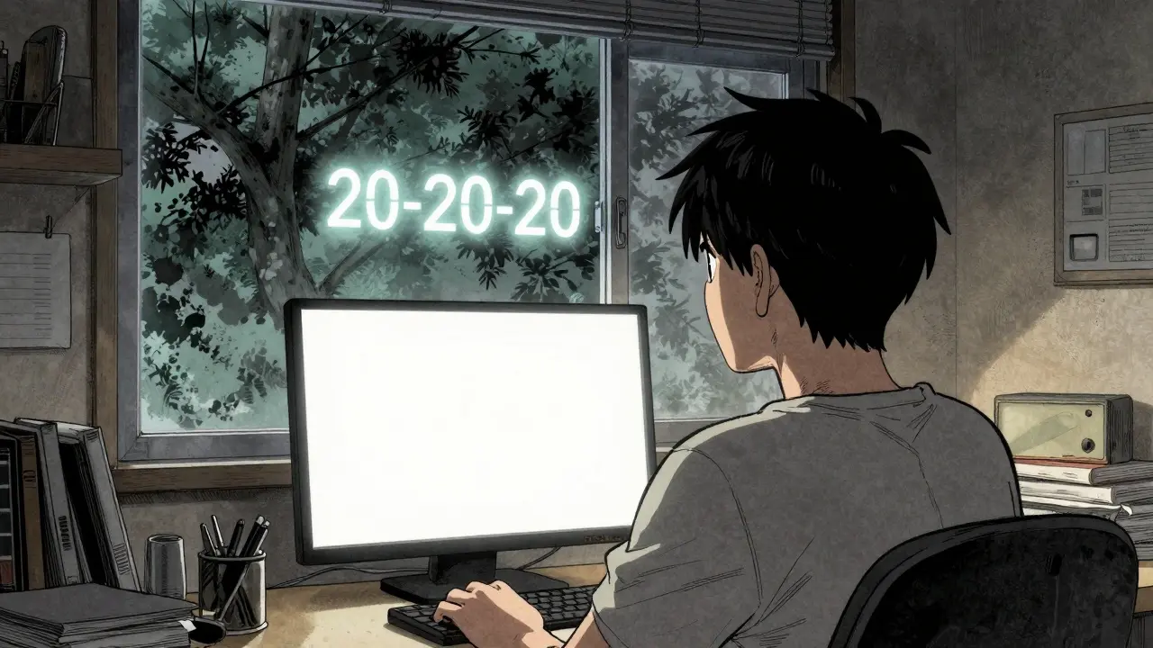 A person looking away from a screen at a distant tree, with a faint timer halo, representing the 20-20-20 rule.