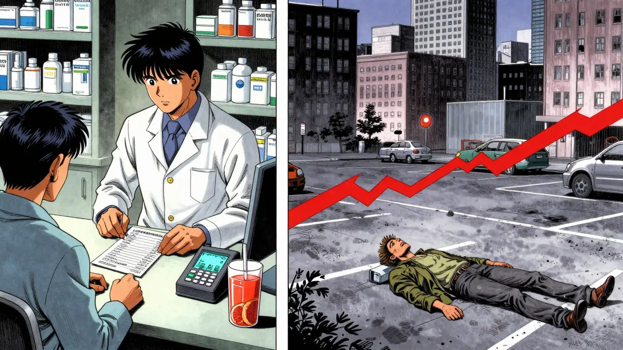 A pharmacist checking medication lists while a man collapses from a drug interaction, connected by a red data line in a gritty urban scene.