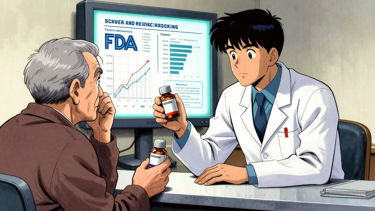 A pharmacist explains generic medication to an elderly patient, with FDA graphs visible on a monitor behind them.
