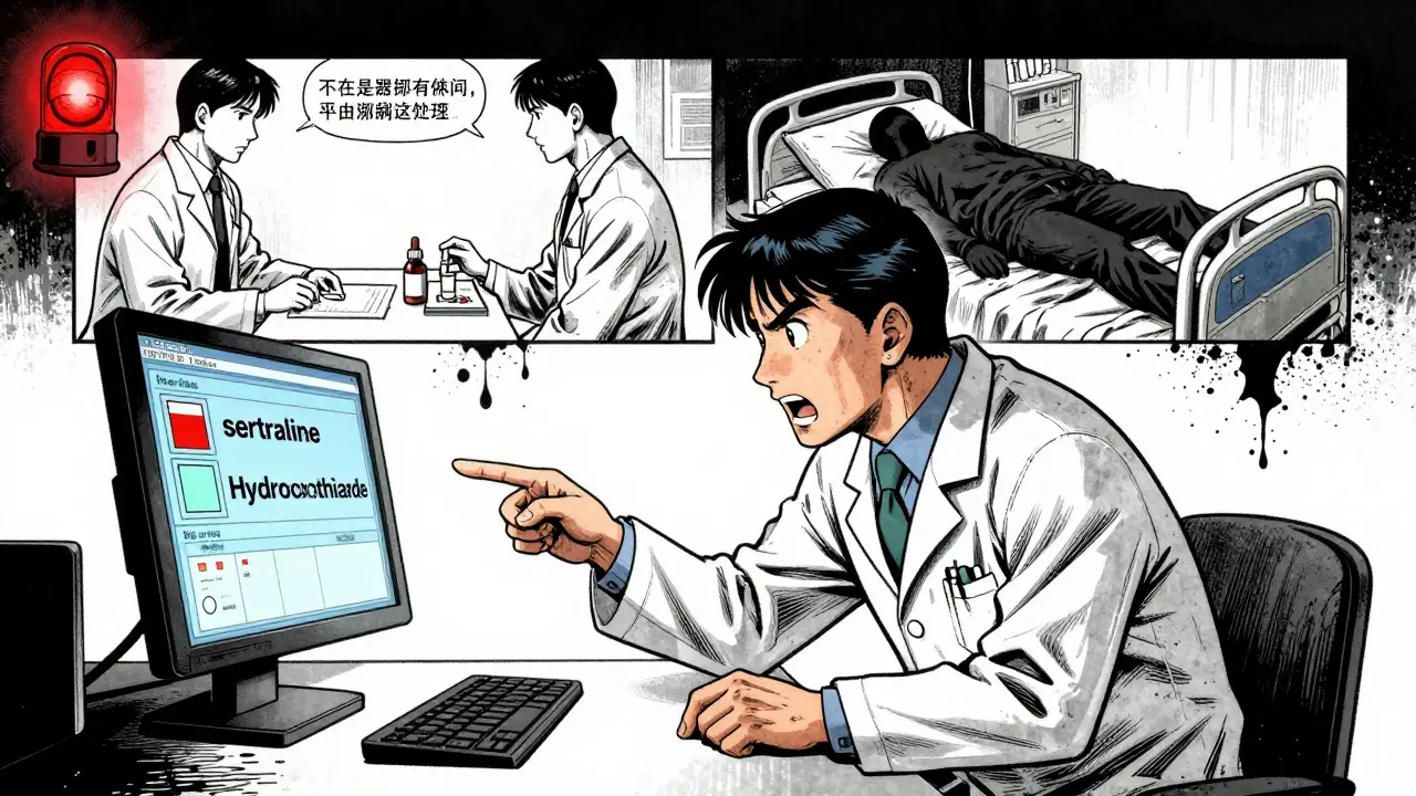 A pharmacist pointing at a warning screen on a digital monitor, split scene showing recovery versus coma in gritty ink style.