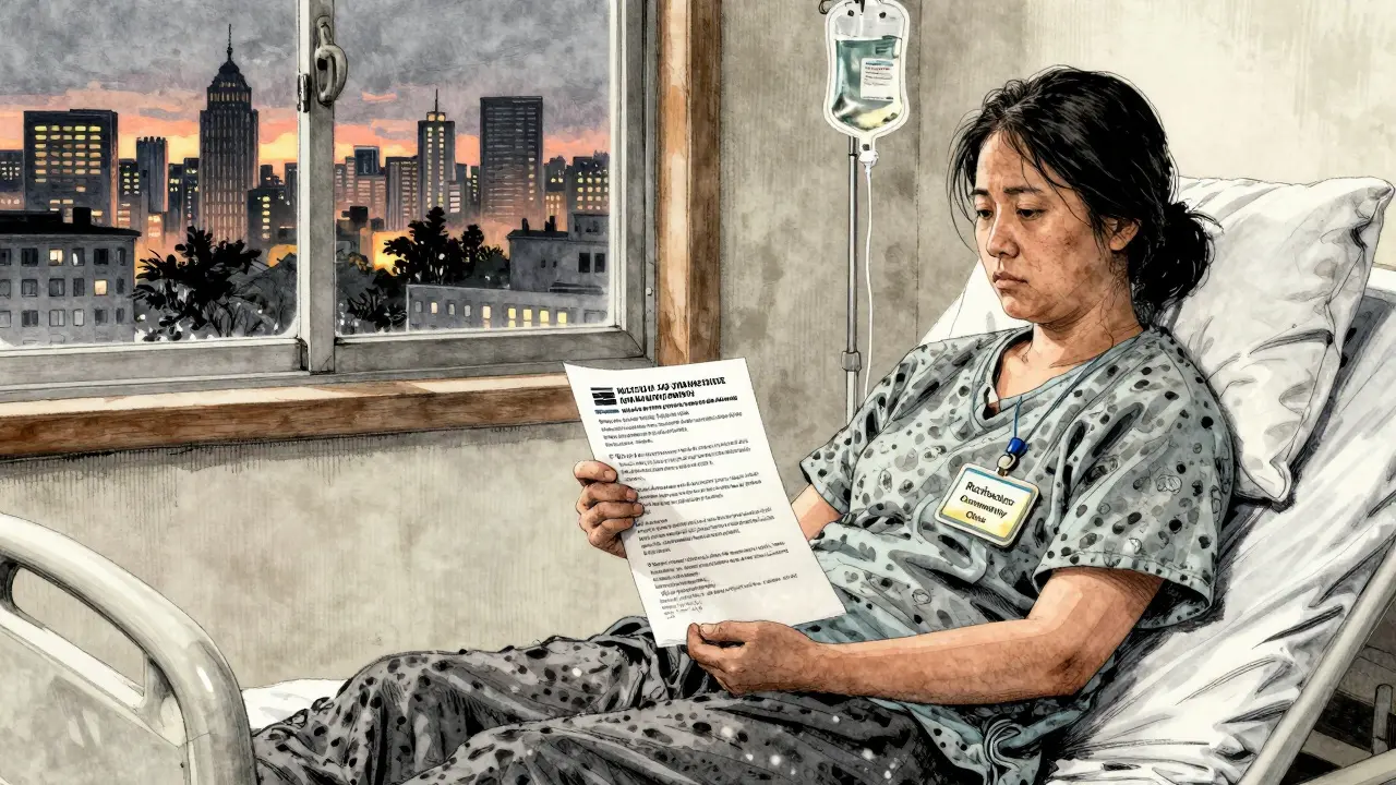 A rural patient holds a rationing information sheet while a distant city glows outside the window.