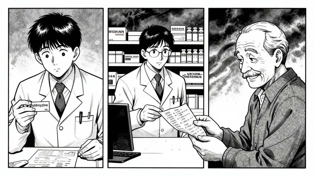 A three-part scene showing a technician, pharmacist, and patient — all united in preventing a medication error.