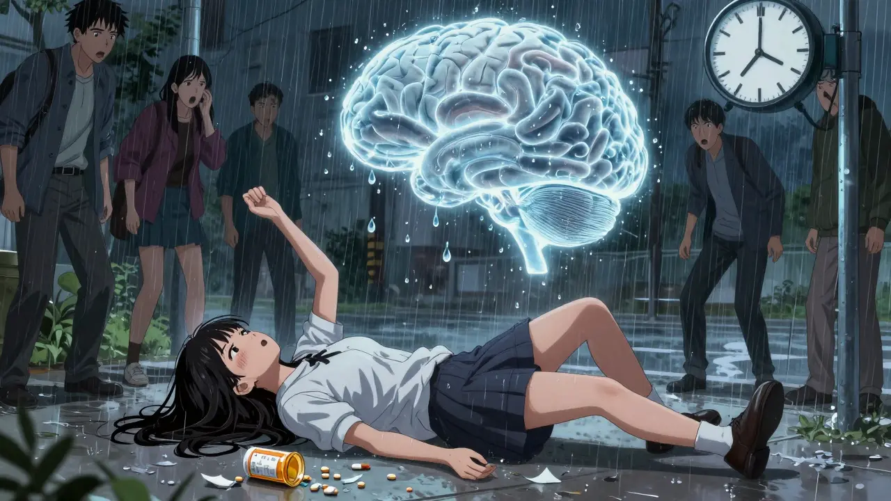 A young woman having a seizure on a rainy sidewalk, shattered medication bottle beside her, a glowing swollen brain above.