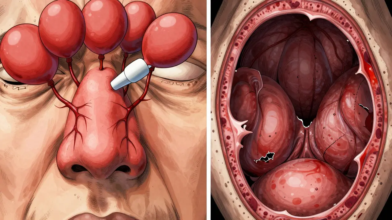 Cross-section of inflamed nasal passage showing blood vessel swelling from decongestant use and withdrawal damage.