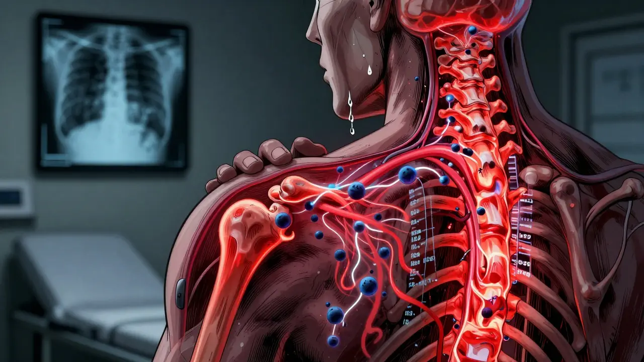 Internal body cross-section showing inflammatory molecules spreading from skin to joints.