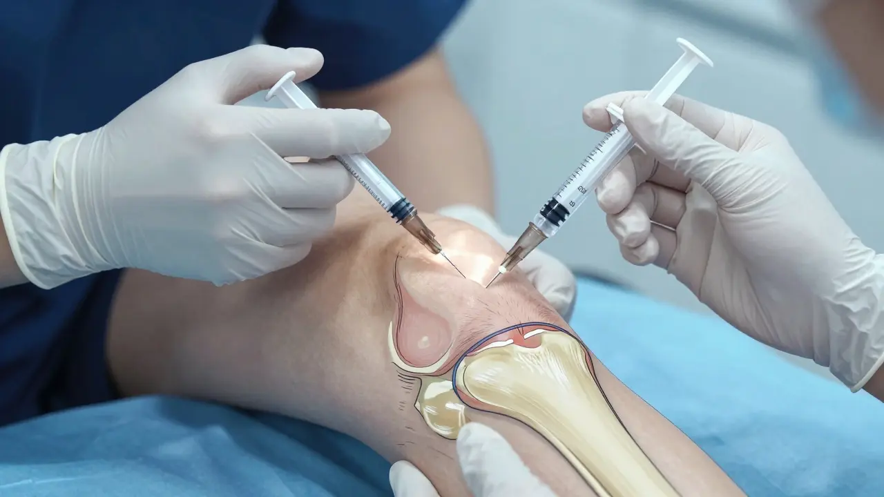 Medical professional administering hyaluronic acid injection into knee.