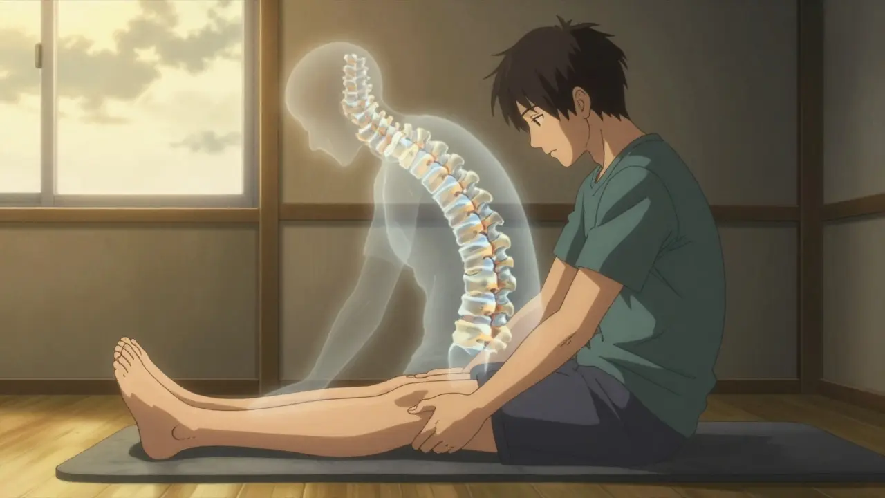 Patient stretching hamstrings in therapy, with a translucent image of fused vertebrae symbolizing recovery and healing.