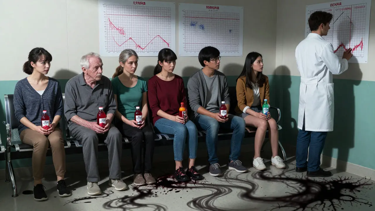 Patients holding cranberry products, their shadows turning to blood, as a doctor stares at alarming INR graphs.