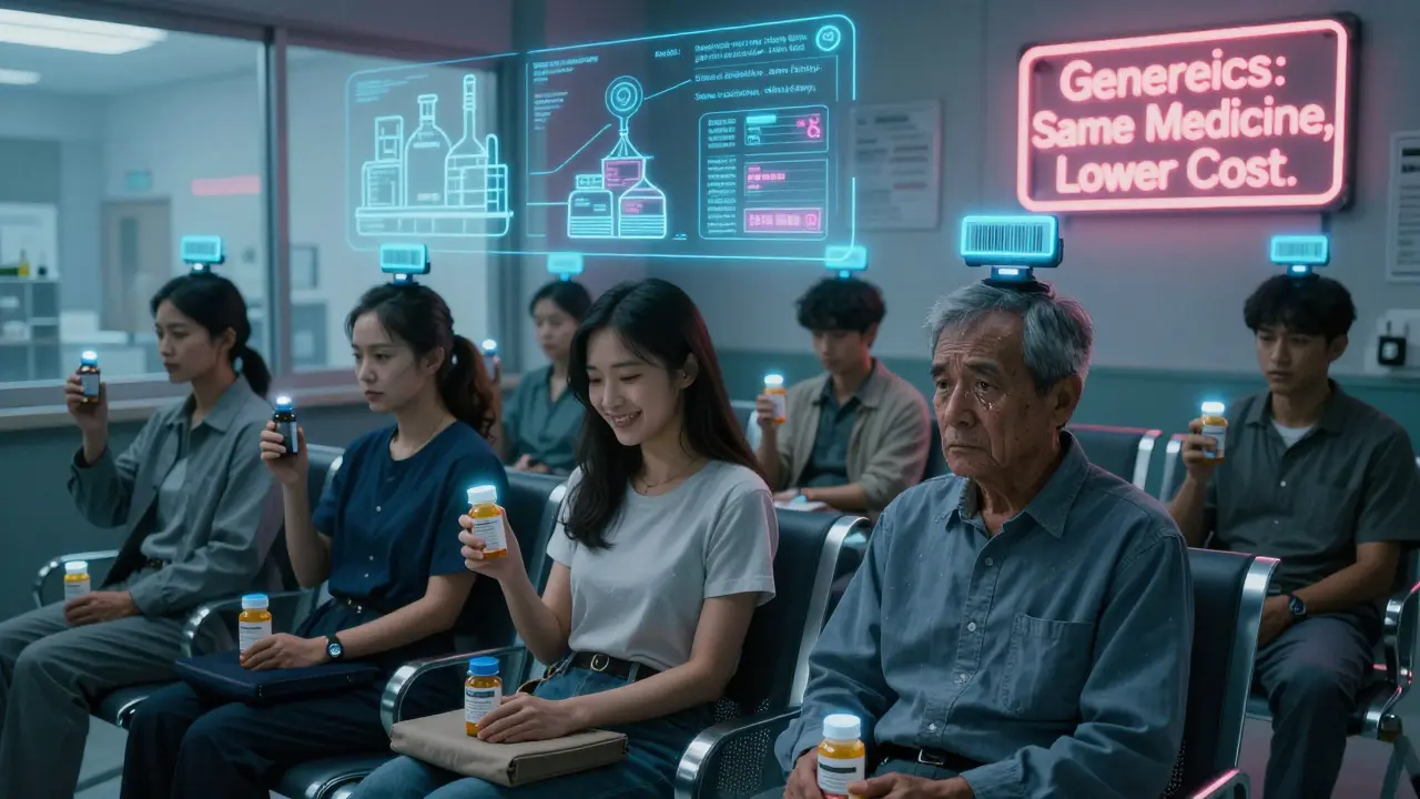 Patients in a clinic scan pill bottles to see a holographic supply chain, realizing generics are made in the same factories as brands.