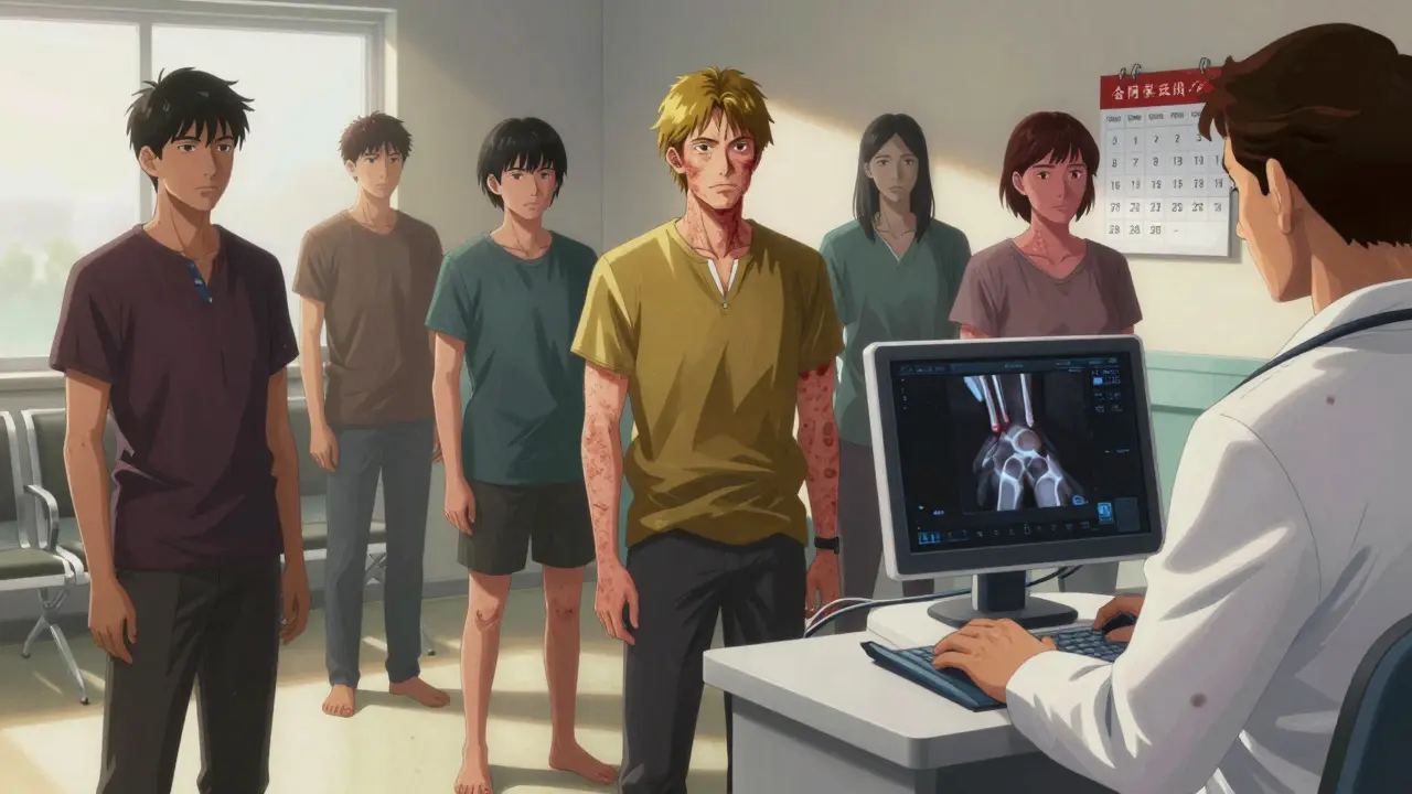 Patients in a clinic waiting room, one holding an ultrasound screen showing joint inflammation.