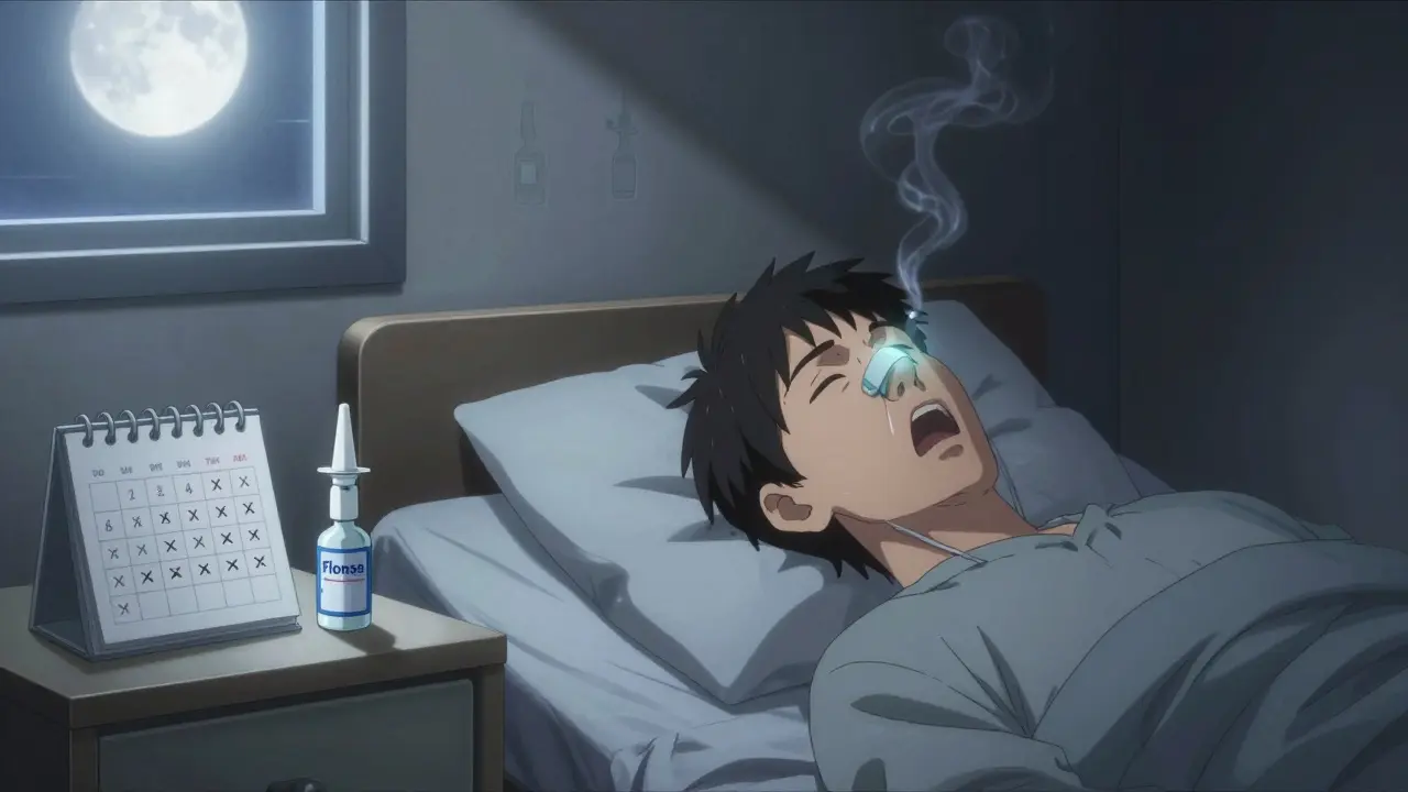 Person sleeping with mouth open, saline spray and corticosteroid bottle on nightstand, moonlight illuminating recovery.